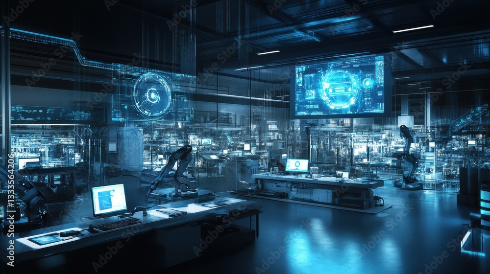A futuristic smart factory interior showcasing advanced automation and robotics in an Industry 4. A futuristic smart factory interior showcasing advanced automation and robotics in an Industry 4.