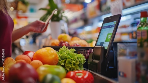 Digital Payment at Grocer: A modern supermarket checkout scene with an individual interacting with a digital payment system, surrounded by fresh produce, suggesting convenience.