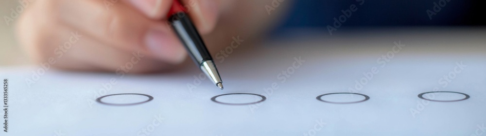 Man engaged in thoughtful reflection, holding a pen and questionnaire, close-up perspective, minimalist environment, clear space inviting contemplation and focus.