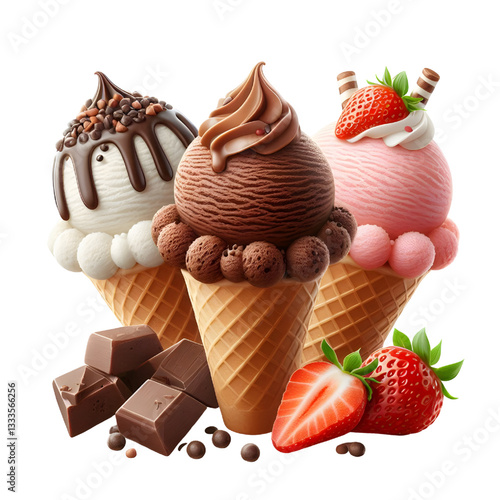 Chocolate, vanilla and strawberry Ice Cream Isolated white background