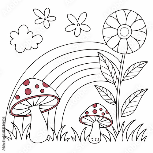 Groovy digital coloring pages set. Hippie coloring book in vintage 70s style. Geometric retro design templates with Psychedelic flowers, mushrooms, rainbow and hand drawn elements. Vector illustration