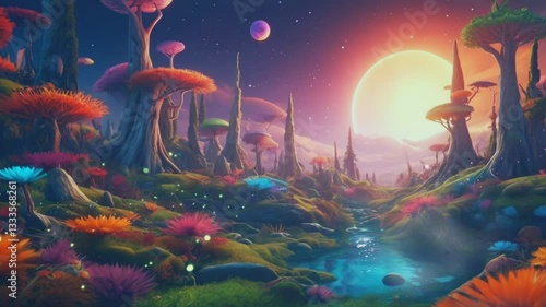 the natural beauty of a fantasy planet with its amazing natural panorama and beautiful sky and full moon scenes