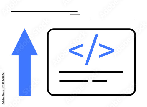 Blue upward arrow beside a code snippet in brackets represents growth, development, or software update. Ideal for programming, coding, development, innovation, learning upgrades strategy. Flat