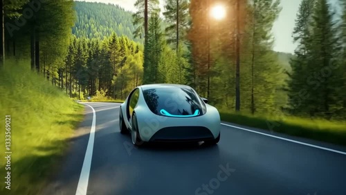 Futuristic electric car driving on a winding forest road showcasing sustainable transportation. The vehicle's sleek design and clean energy concept emphasize an eco-friendly future