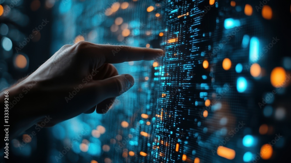 A hand pointing at a digital computer screen, illustrating the concept of technology and innovation. A hand pointing at a digital computer screen, illustrating the concept of technology and innovation.