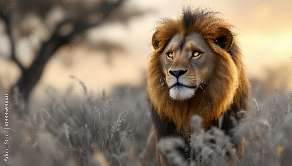 Fototapeta premium A stunning portrait of a lion standing in a field