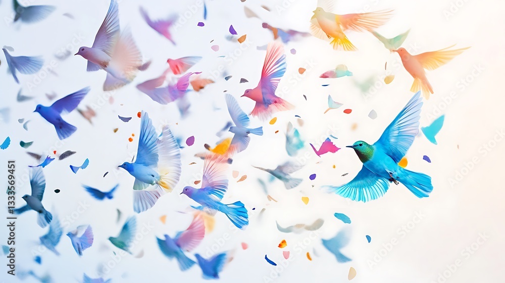 Fototapeta premium Colorful birds flying in a vibrant, abstract pattern against a soft white background.