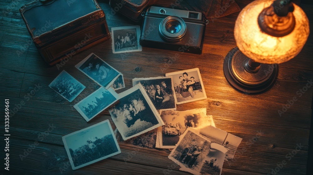 Fototapeta premium Vintage Camera and Old Photographs – A Nostalgic Glimpse into the Past