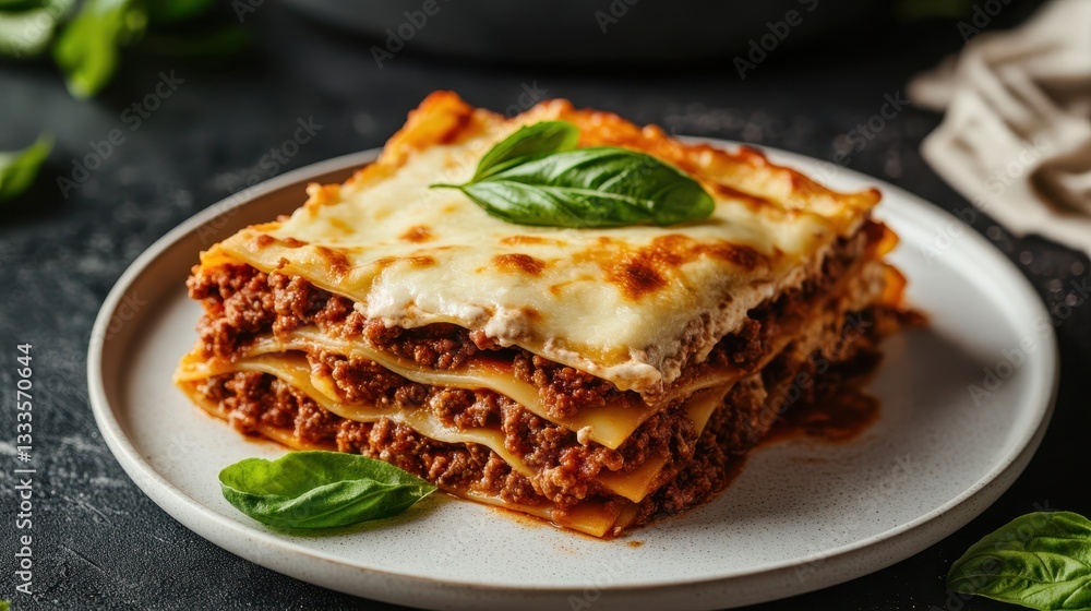 A hearty lasagna featuring layers of minced beef bolognese and creamy béchamel sauce, elegantly topped with fresh basil leaves and served on a white plate. A hearty lasagna featuring layers of minced beef bolognese and creamy béchamel sauce, elegantly topped with fresh basil leaves and served on a white plate.