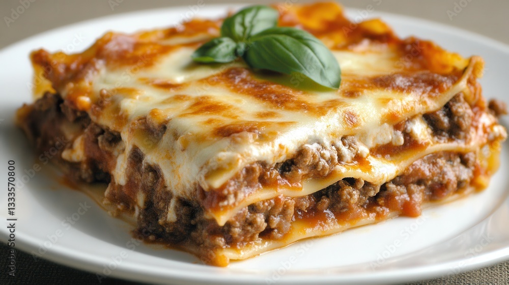 A hearty lasagna featuring layers of minced beef bolognese and creamy béchamel sauce, elegantly topped with fresh basil leaves and served on a white plate. A hearty lasagna featuring layers of minced beef bolognese and creamy béchamel sauce, elegantly topped with fresh basil leaves and served on a white plate.
