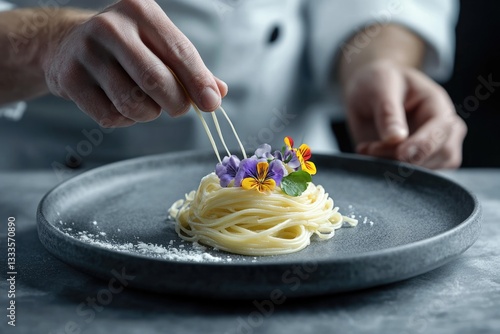 Fototapeta Naklejka Na Ścianę i Meble -  Chef delicately plating spaghetti, garnished with edible flowers, showcasing culinary artistry and presentation.