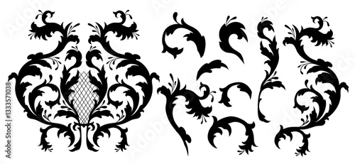 Vector clip arts set of black silhouette vintage floral elements. Baroque collection of floral flourish isolated from background. Vintage filigree floral elements for cards and stickers