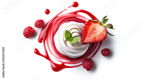 A luscious swirl of fresh strawberry yogurt, adorned with a single white chocolate curl and a drizzle of raspberry coulis, set against a pure white background