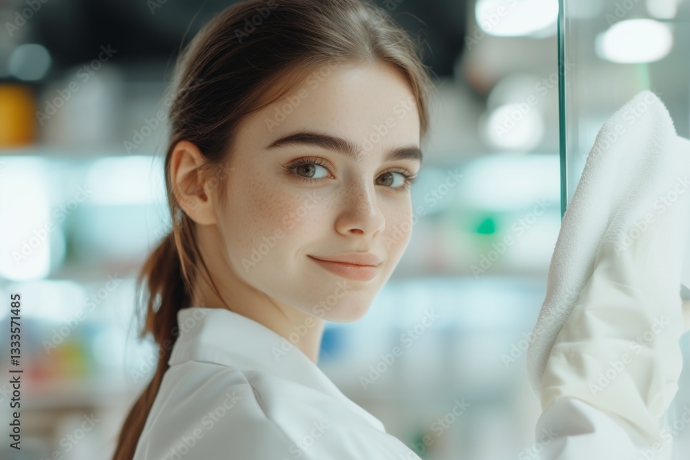 Fototapeta premium Scientist smiling in laboratory research center portrait clean close-up