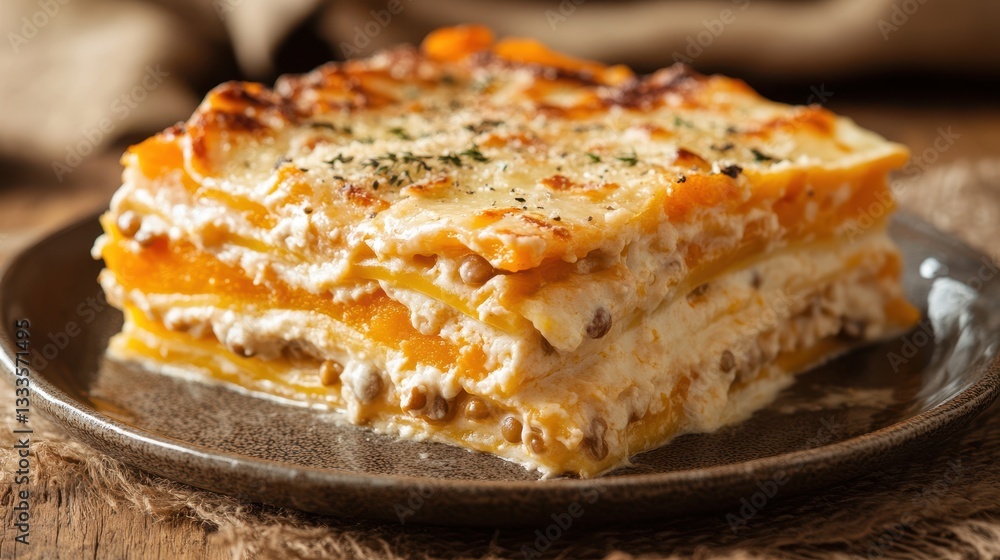 A hearty vegetarian lasagna featuring layers of lentils and butternut squash, elegantly served on a rustic table.