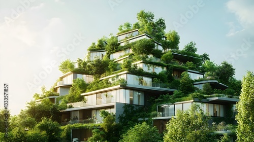 innovative, terraced eco-building features tiered residential balconies completely overflowing with lush green trees and vibrant vegetation, creating a striking vertical forest structure.