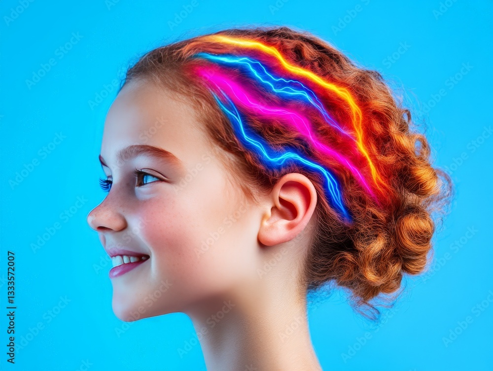 Naklejka premium Smiling young girl with a colorful neural visualization above her head representing creative intelligence deep thinking conceptual imagination and futuristic cognitive exploration