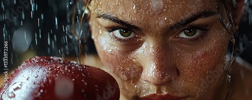 Witness the raw power and determination of a Female boxer celebrating after a tough training session, exhausted but victorious This striking image captures the essence of strength, resilience, and