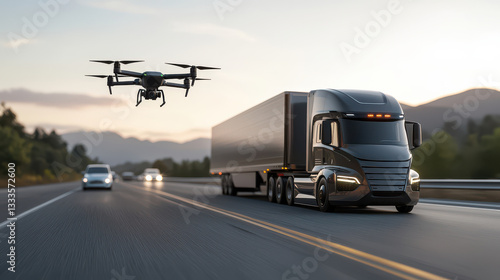 A modern truck navigating a highway with a drone flying overhead, showcasing innovative technology in transportation. photo