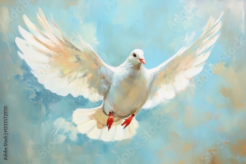 A white dove in flight, wings spread wide, soaring through a light blue sky, painted with expressive brushstrokes.