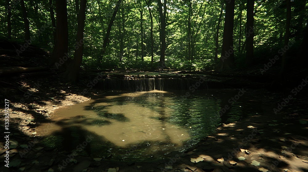 Obraz premium Forest pool reflecting light, nature landscape, tranquil scene