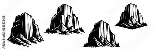 A collection of stylized mountain and cliff icons in a bold black-and-white vector style. Perfect for logos, outdoor branding, and adventure-themed designs. These rugged rock formations add a strong a