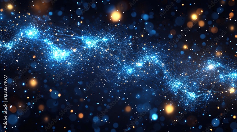 Naklejka premium Vibrant Cosmic Background with Dazzling Stars and Soft Glowing Particles in a Dark Space