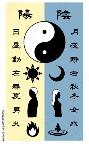 陰と陽を比較した文字と太極図のイラスト（タテ）