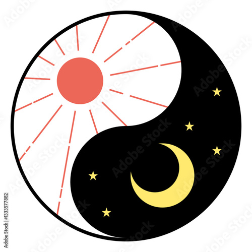 太陽と月と星が入った陰陽太極図のカラーイラスト