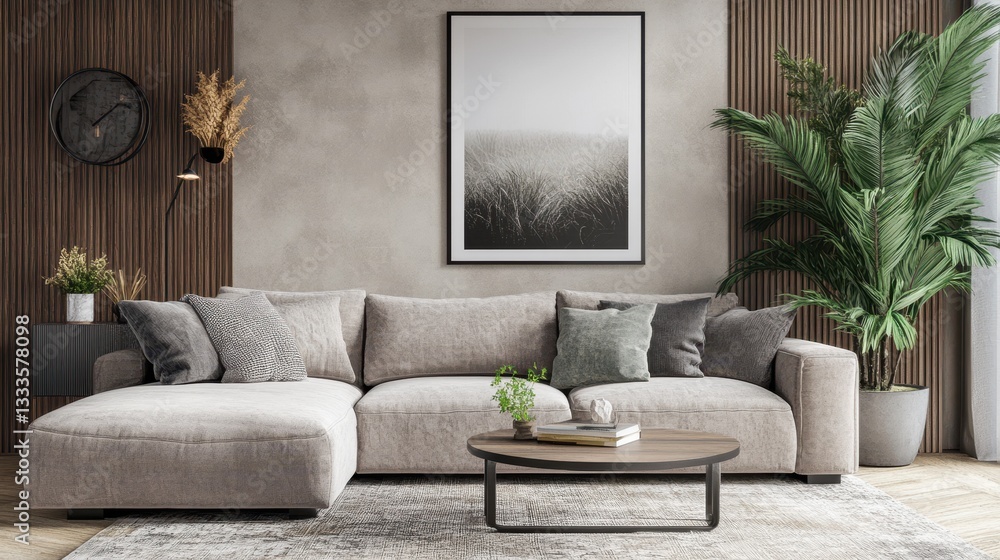 A living room interior featuring a white wall with an empty poster, showcasing a minimalist design. A living room interior featuring a white wall with an empty poster, showcasing a minimalist design.