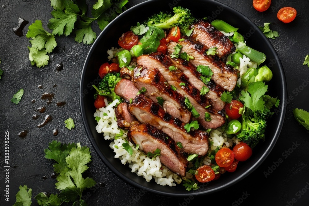 Grilled Steak with Fresh Vegetables and Rice in a Bowl Grilled Steak with Fresh Vegetables and Rice in a Bowl