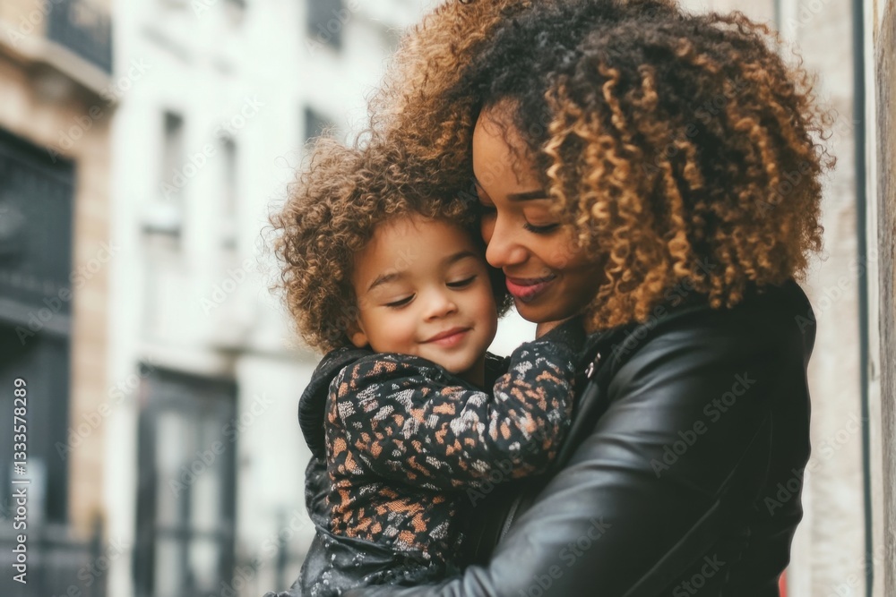 Fototapeta premium Joyful mother embraces daughter with love in urban setting