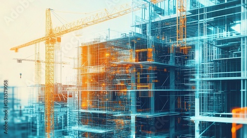 Wallpaper Mural Digital Illustration of Building Construction with Crane and Scaffolding Torontodigital.ca