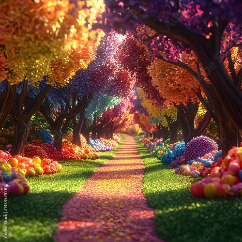 A whimsical, brightly colored path winds through an enchanted forest filled with vibrant, candy-colored trees featuring shades of pink, orange, and purple. The pathway is lined with piles of round.