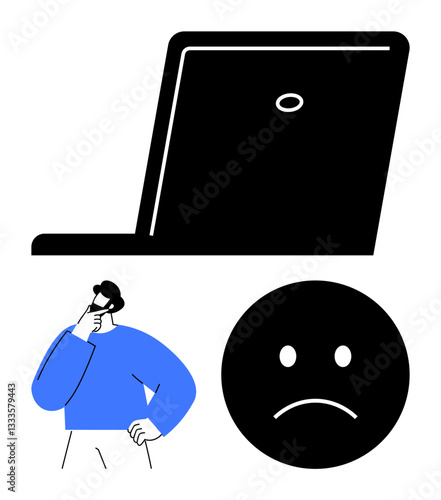 Man thinking beside a laptop and sad face, reflecting frustration or problem-solving. Ideal for technology issues, work challenges, mental health, decision-making, emotional stress, troubleshooting