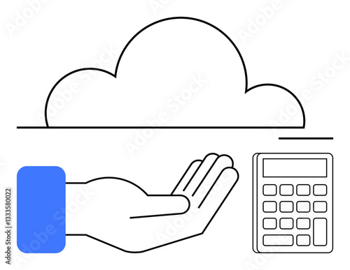 Cloud above an outstretched hand beside a calculator symbolizing technology, accessibility, and financial planning. Ideal for digital economy, cloud computing, budgeting, technology services