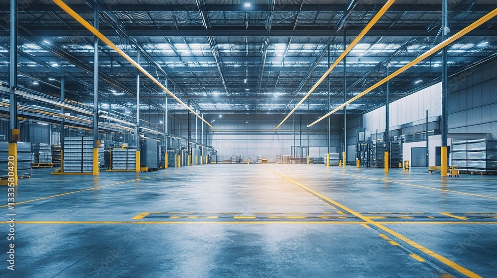 Fototapeta premium Spacious Warehouse Interior with Loading Ramps and Bright Lighting