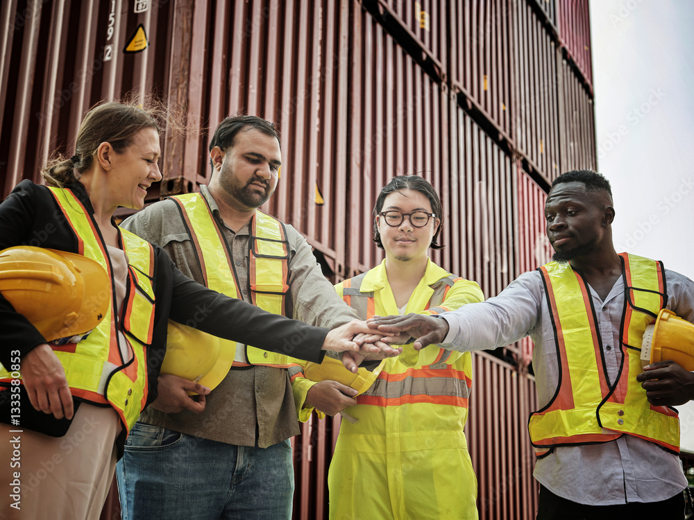 A diverse group of construction workers discussing plans and str