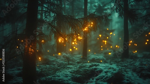 Forest with lights in winter. Background trees, snow. Use Christmas, magic
