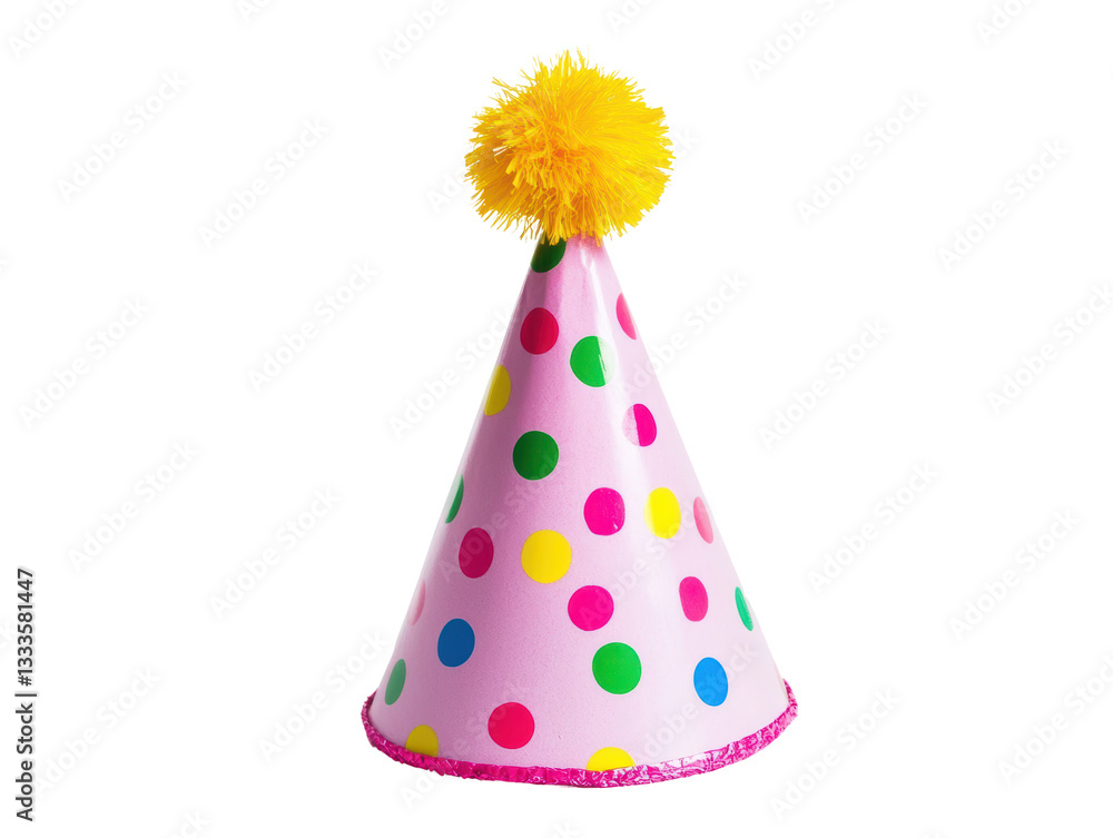 Isolated Pink Cone Party Hat with Colorful Polka Dots and Tinsel Trim Isolated Pink Cone Party Hat with Colorful Polka Dots and Tinsel Trim