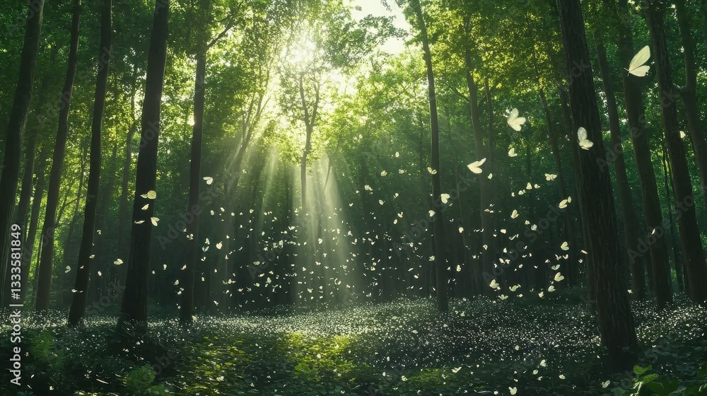 Obraz premium Enchanted Forest: A serene, dreamlike forest scene where light dances through the trees, with butterflies fluttering around and adding to the mystical atmosphere.