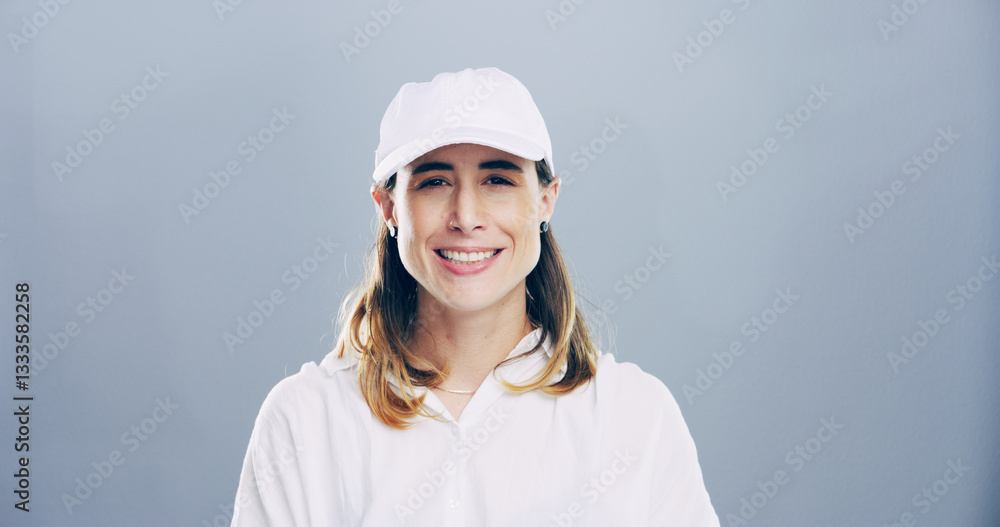 Sports, cap and portrait of woman in studio with wellness, confidence and proud smile on mockup space. Fitness coach, tennis player or happy face of professional female athlete on grey background Sports, cap and portrait of woman in studio with wellness, confidence and proud smile on mockup space. Fitness coach, tennis player or happy face of professional female athlete on grey background