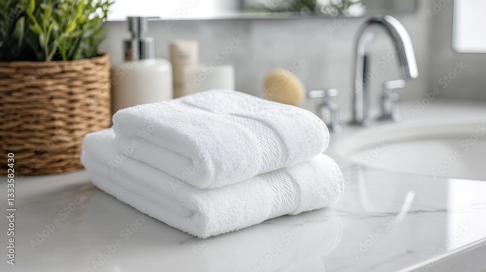 Serene Spa Scene: Two fluffy white towels are stacked neatly on a pristine countertop alongside decorative items in a bright, clean bathroom. Serene Spa Scene: Two fluffy white towels are stacked neatly on a pristine countertop alongside decorative items in a bright, clean bathroom.
