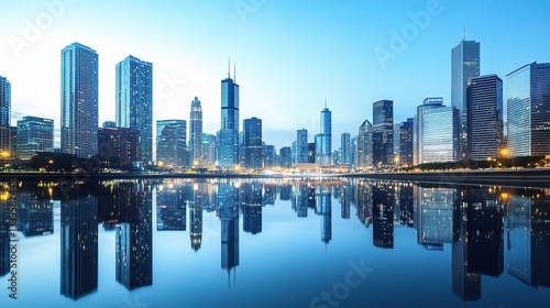 Reflective View of Skyscrapers and Corporate Buildings at Dusk
