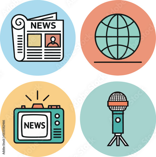 Media and News Icons Set  Editable Stroke Vector Illustration