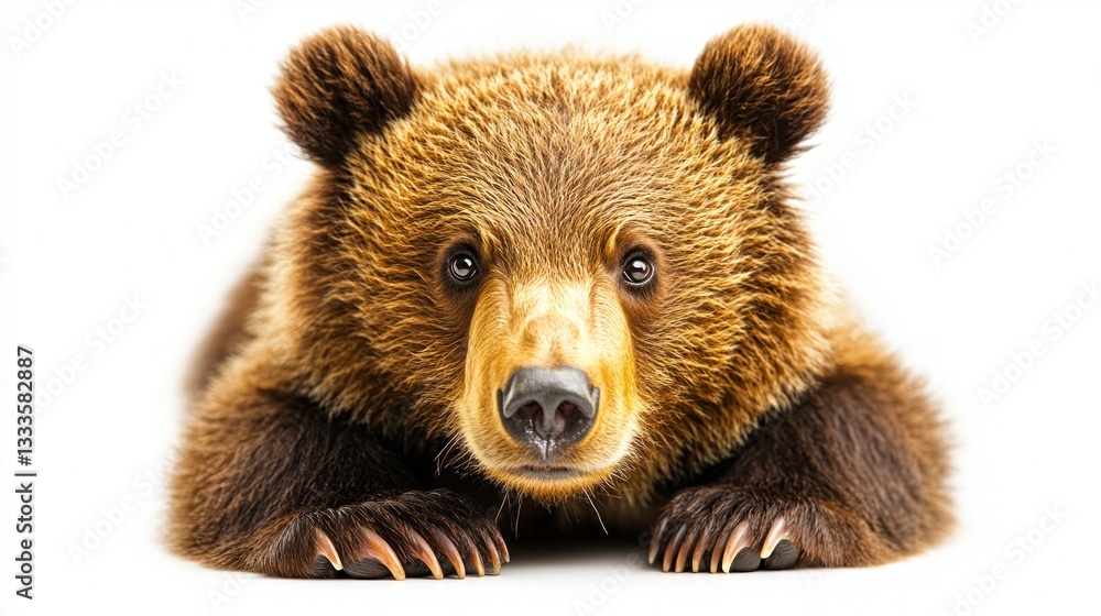 Obraz premium A young brown bear cub resting calmly on a white background