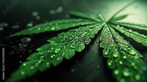A closeup view of a green leaf covered in water droplets