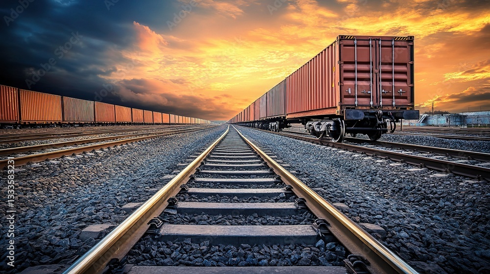 Obraz premium Massive Cargo Containers at Railway Hub Under Dramatic Sunset