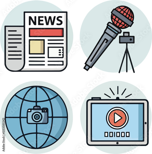 Media and News Icons Set  Editable Stroke Vector Illustration