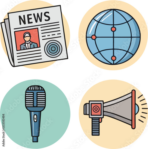 Media and News Icons Set  Editable Stroke Vector Illustration